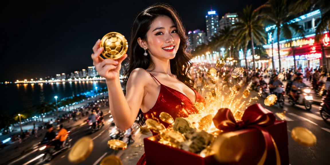 Không gian casino neon rực rỡ tại Quy Nhơn với bảng điểm jackpot sáng lên trong đêm